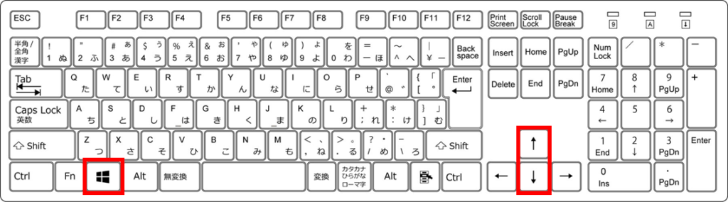 ウインドウを大きく/小さく。最大化、最小化のショートカット
最大化：「Windows」＋「↑」　最小化：「Windows」＋「↓」